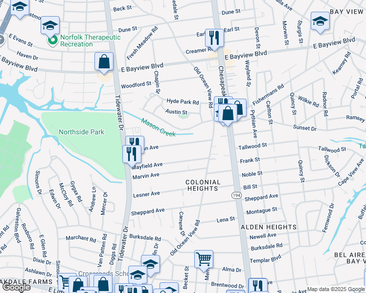 map of restaurants, bars, coffee shops, grocery stores, and more near 823 Norman Avenue in Norfolk