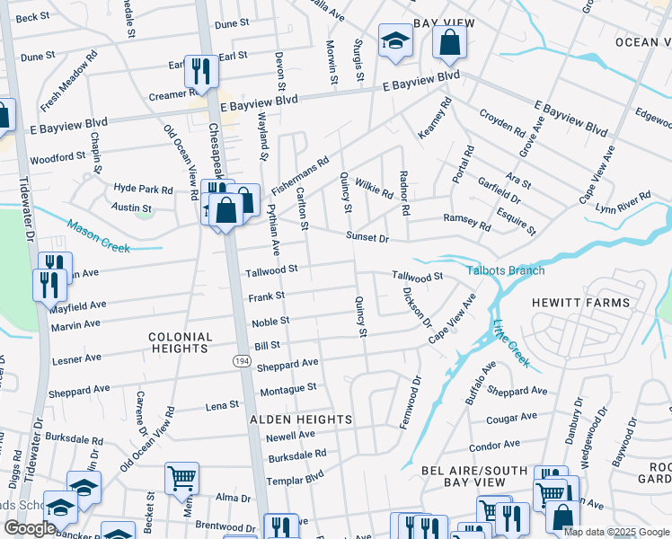 map of restaurants, bars, coffee shops, grocery stores, and more near 1319 Tallwood Street in Norfolk