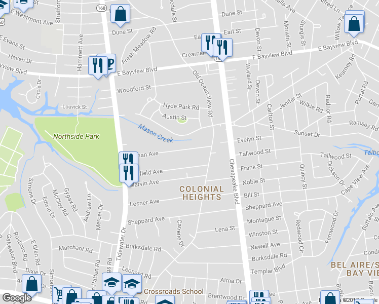 map of restaurants, bars, coffee shops, grocery stores, and more near 837 Norman Avenue in Norfolk