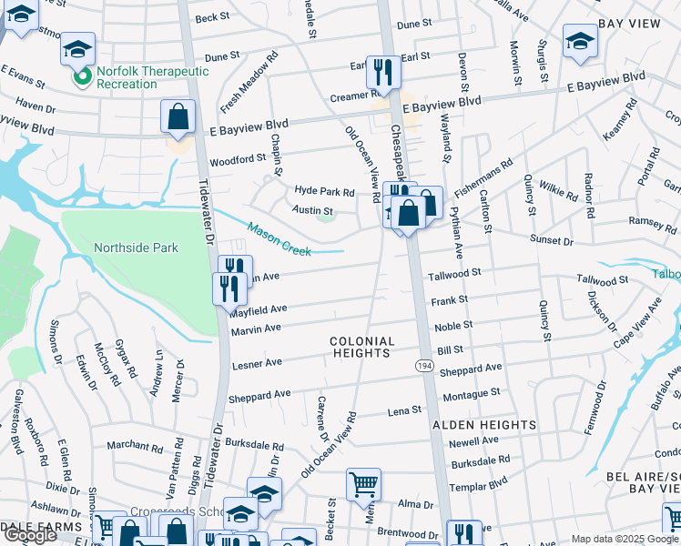 map of restaurants, bars, coffee shops, grocery stores, and more near 837 Norman Avenue in Norfolk