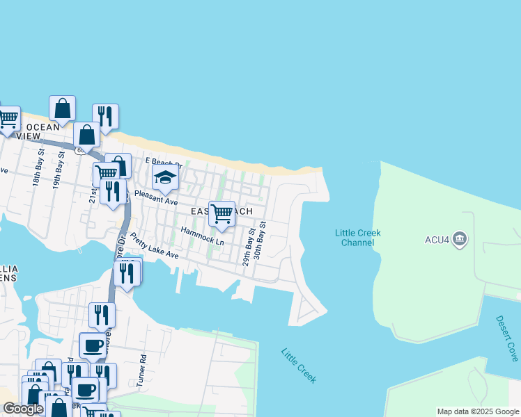 map of restaurants, bars, coffee shops, grocery stores, and more near 4851 Pleasant Avenue in Norfolk