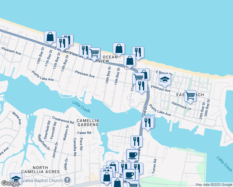 map of restaurants, bars, coffee shops, grocery stores, and more near 9524 19th Bay Street in Norfolk
