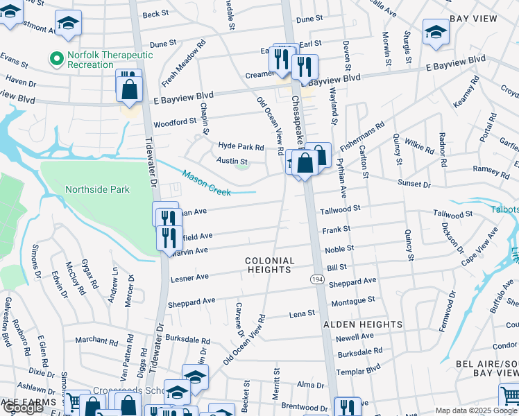 map of restaurants, bars, coffee shops, grocery stores, and more near 845 Norman Avenue in Norfolk