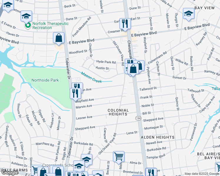 map of restaurants, bars, coffee shops, grocery stores, and more near 850 Mayfield Avenue in Norfolk