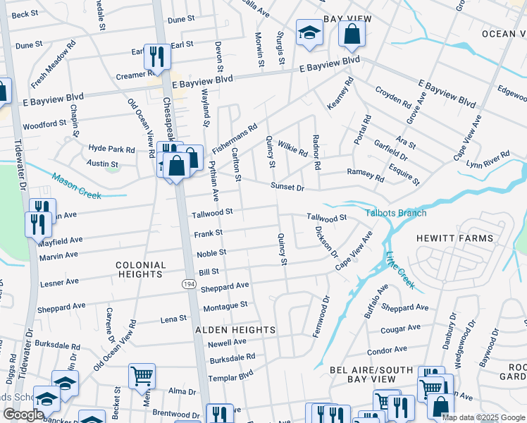 map of restaurants, bars, coffee shops, grocery stores, and more near 1319 Tallwood Street in Norfolk