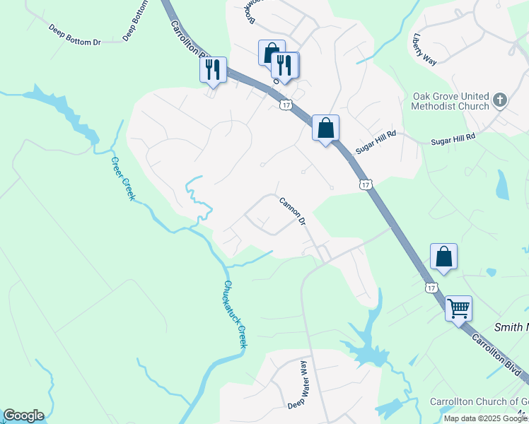 map of restaurants, bars, coffee shops, grocery stores, and more near 105 Mark Court in Carrollton