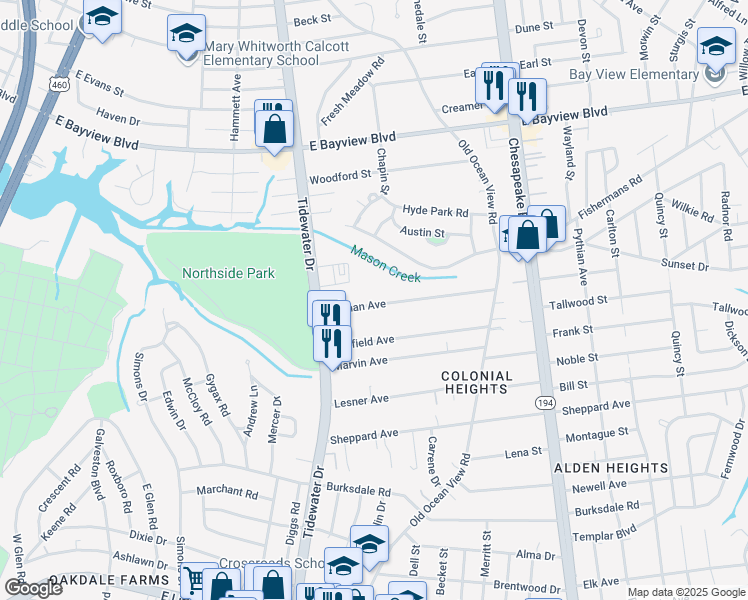 map of restaurants, bars, coffee shops, grocery stores, and more near 756 Norman Avenue in Norfolk