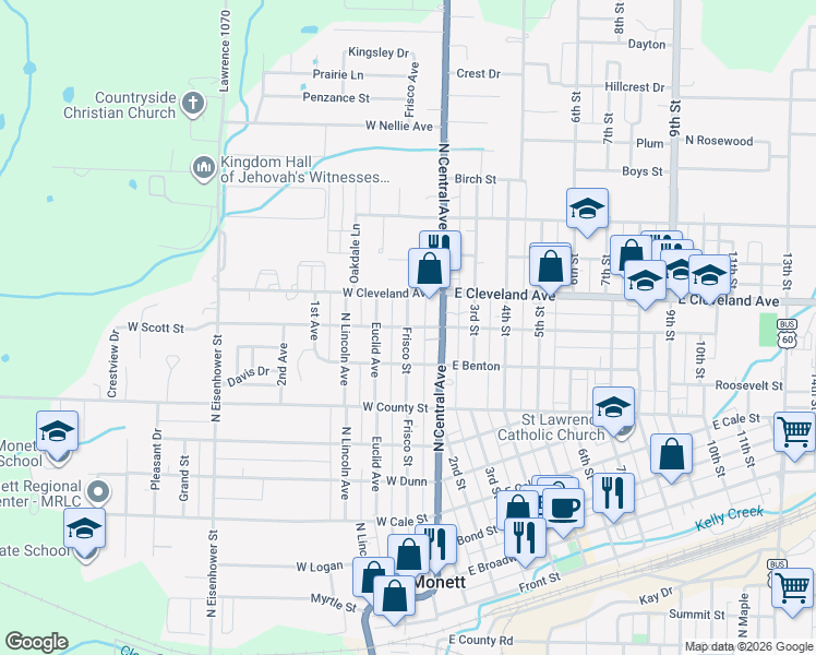 map of restaurants, bars, coffee shops, grocery stores, and more near 899 Frisco Avenue in Monett