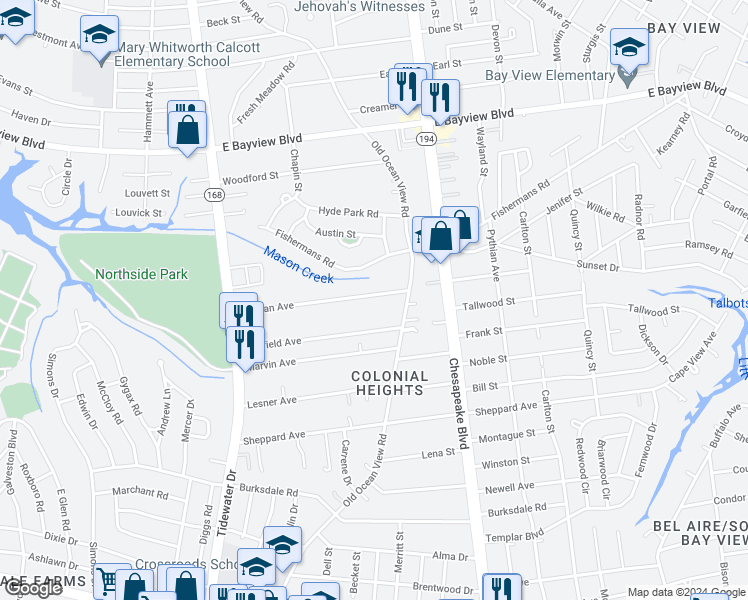 map of restaurants, bars, coffee shops, grocery stores, and more near 845 Norman Avenue in Norfolk