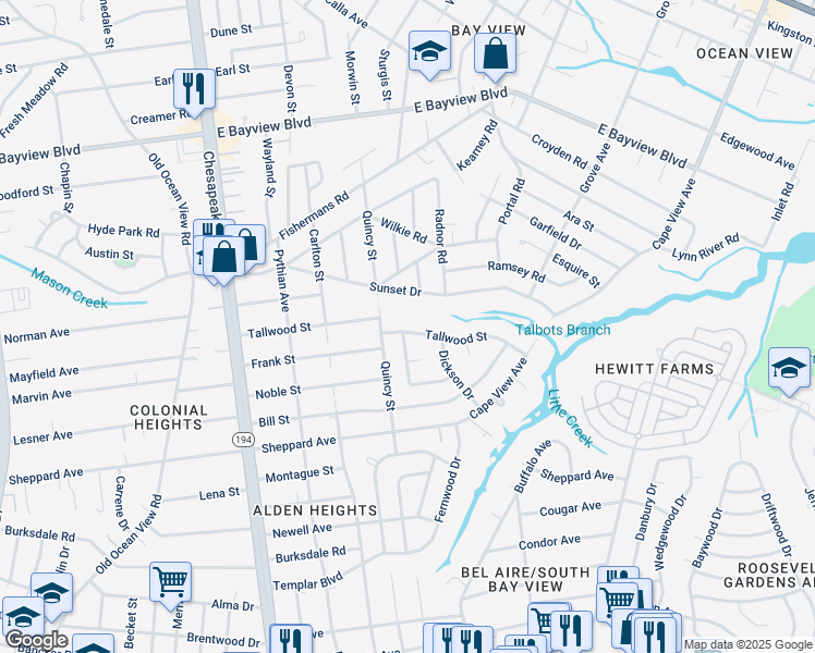 map of restaurants, bars, coffee shops, grocery stores, and more near 1346 Tallwood Street in Norfolk