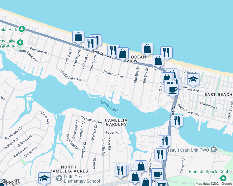map of restaurants, bars, coffee shops, grocery stores, and more near 9513 17th Bay Street in Norfolk