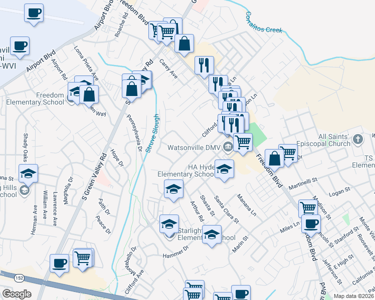 map of restaurants, bars, coffee shops, grocery stores, and more near Peaceful Valley Dr West Fire Road in Watsonville