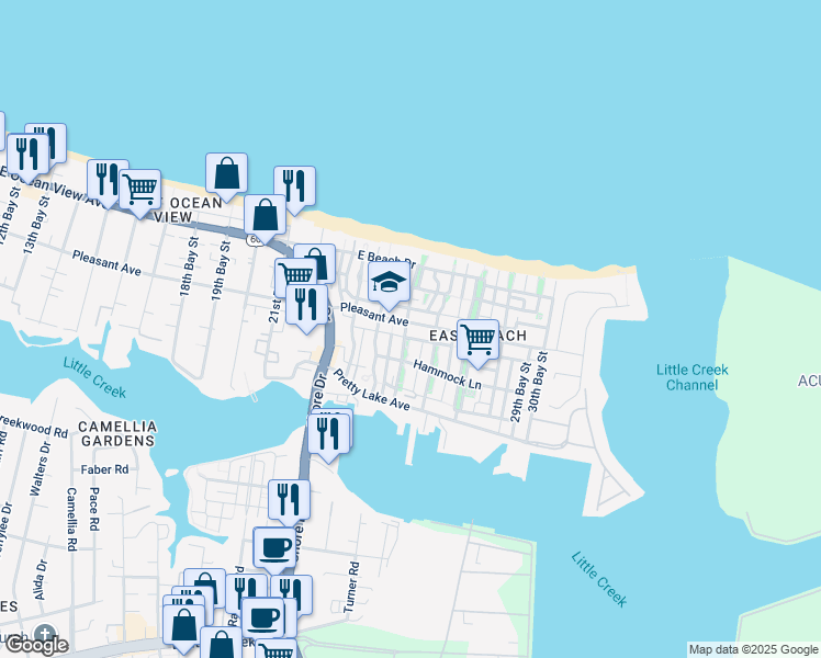 map of restaurants, bars, coffee shops, grocery stores, and more near 4511 Pleasant Avenue in Norfolk