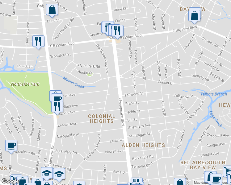 map of restaurants, bars, coffee shops, grocery stores, and more near 8447 Chesapeake Boulevard in Norfolk