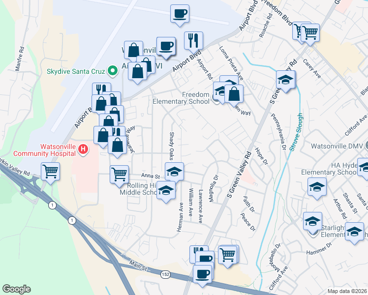 map of restaurants, bars, coffee shops, grocery stores, and more near 236 Sunnyhills Drive in Watsonville