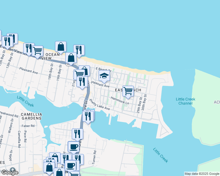 map of restaurants, bars, coffee shops, grocery stores, and more near 9631 25th Bay Street in Norfolk