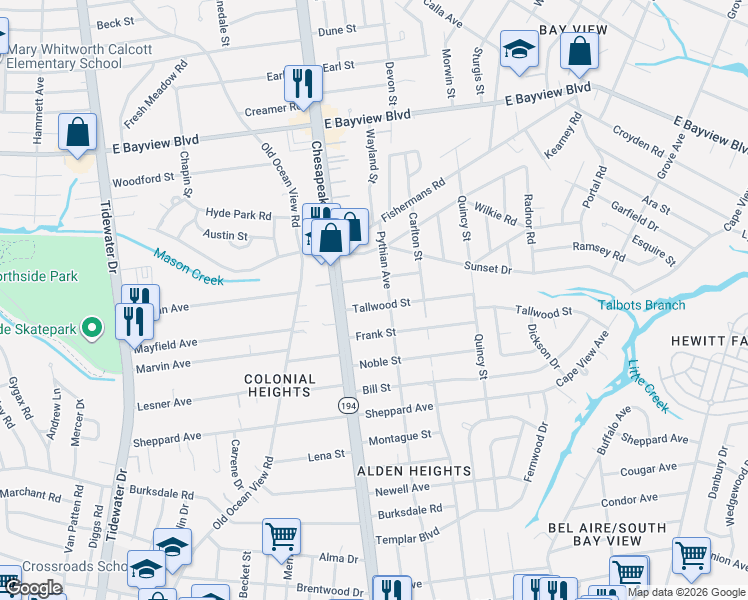 map of restaurants, bars, coffee shops, grocery stores, and more near 1121 Evelyn Street in Norfolk