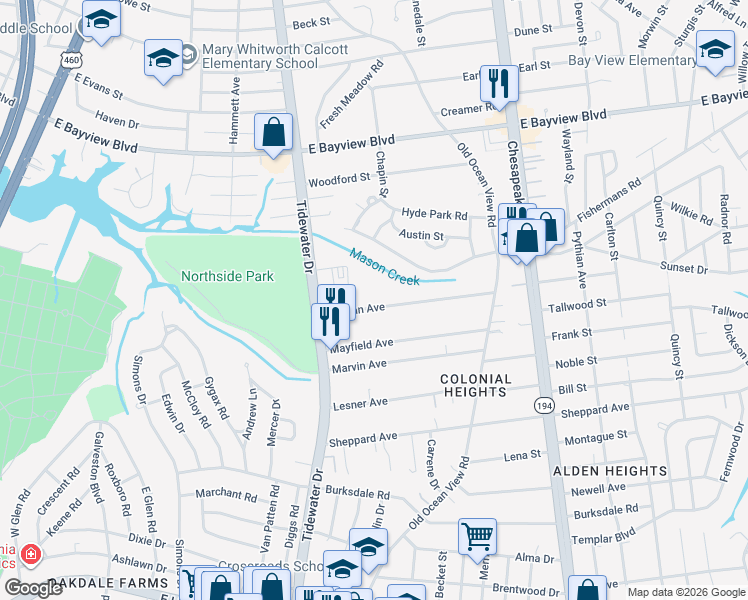 map of restaurants, bars, coffee shops, grocery stores, and more near in Norfolk