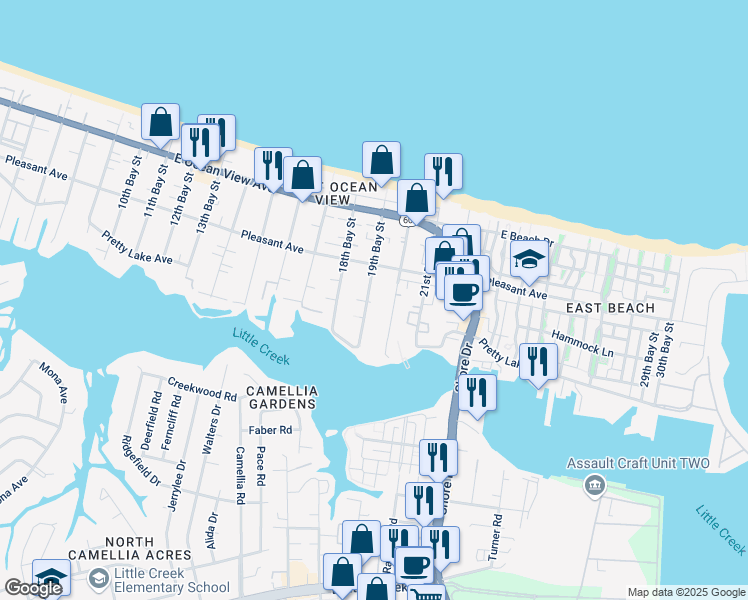 map of restaurants, bars, coffee shops, grocery stores, and more near 9548 19th Bay Street in Norfolk