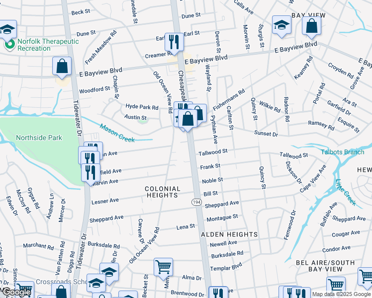 map of restaurants, bars, coffee shops, grocery stores, and more near 8447 Chesapeake Boulevard in Norfolk