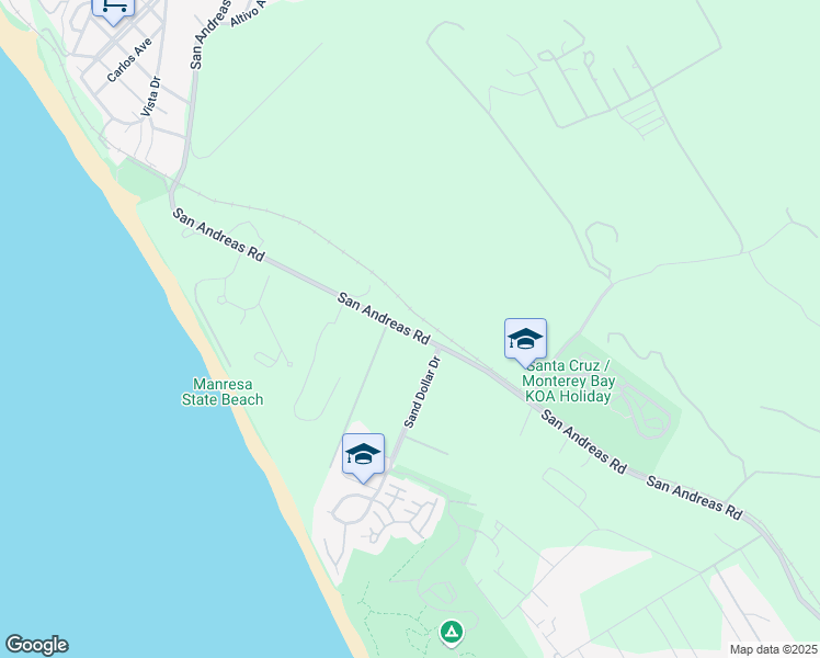 map of restaurants, bars, coffee shops, grocery stores, and more near 2 San Andreas Road in Watsonville