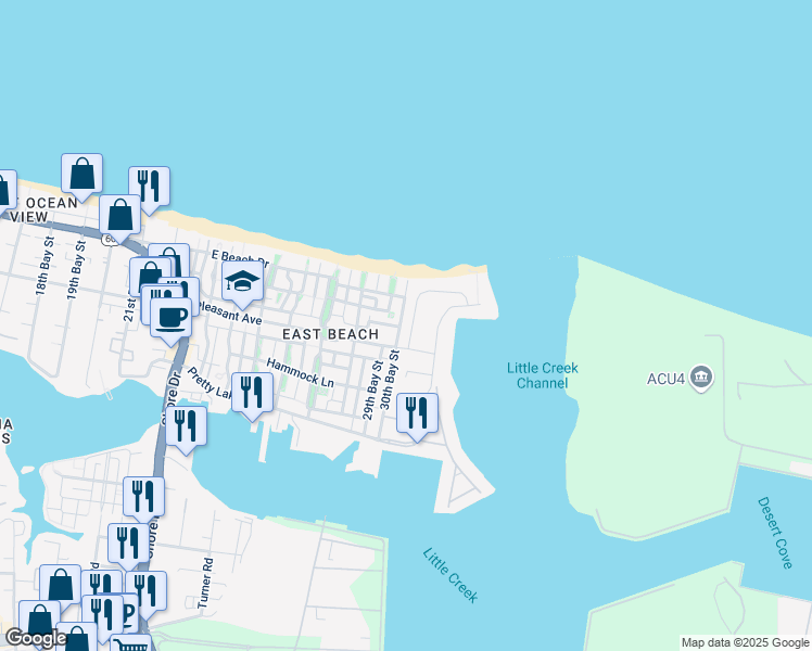 map of restaurants, bars, coffee shops, grocery stores, and more near 9617 Dolphin Run in Norfolk