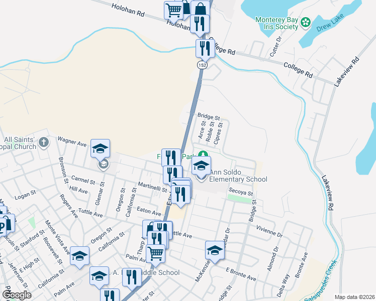 map of restaurants, bars, coffee shops, grocery stores, and more near 101 Franich Drive in Watsonville
