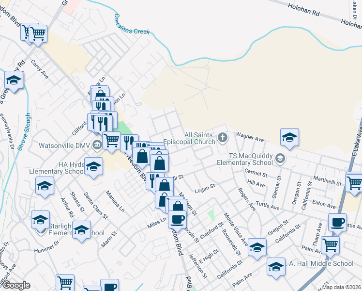 map of restaurants, bars, coffee shops, grocery stores, and more near 1044 Sunbird Drive in Watsonville
