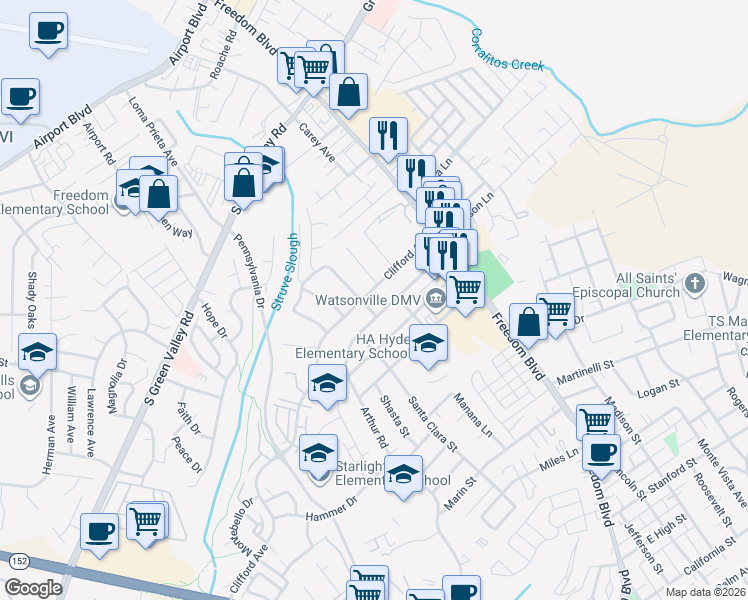 map of restaurants, bars, coffee shops, grocery stores, and more near 14 Crescent Drive in Watsonville