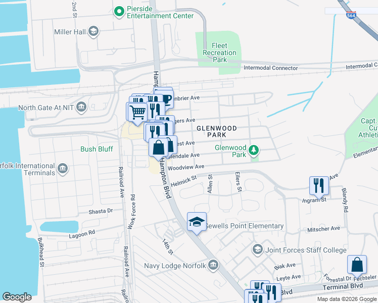 map of restaurants, bars, coffee shops, grocery stores, and more near 131 Forrest Avenue in Norfolk