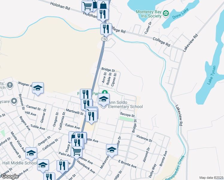 map of restaurants, bars, coffee shops, grocery stores, and more near 172 Franich Drive in Watsonville