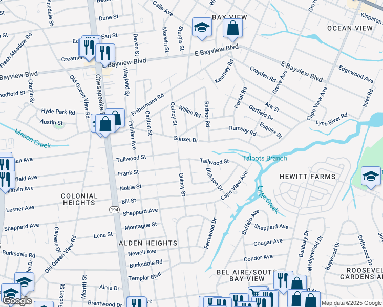 map of restaurants, bars, coffee shops, grocery stores, and more near 1346 Tallwood Street in Norfolk