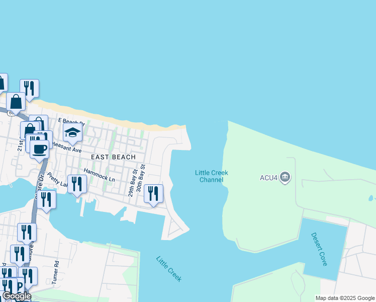 map of restaurants, bars, coffee shops, grocery stores, and more near 9724 Bay Point Drive in Norfolk