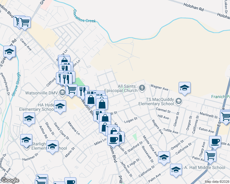 map of restaurants, bars, coffee shops, grocery stores, and more near 1044 Sunbird Drive in Watsonville
