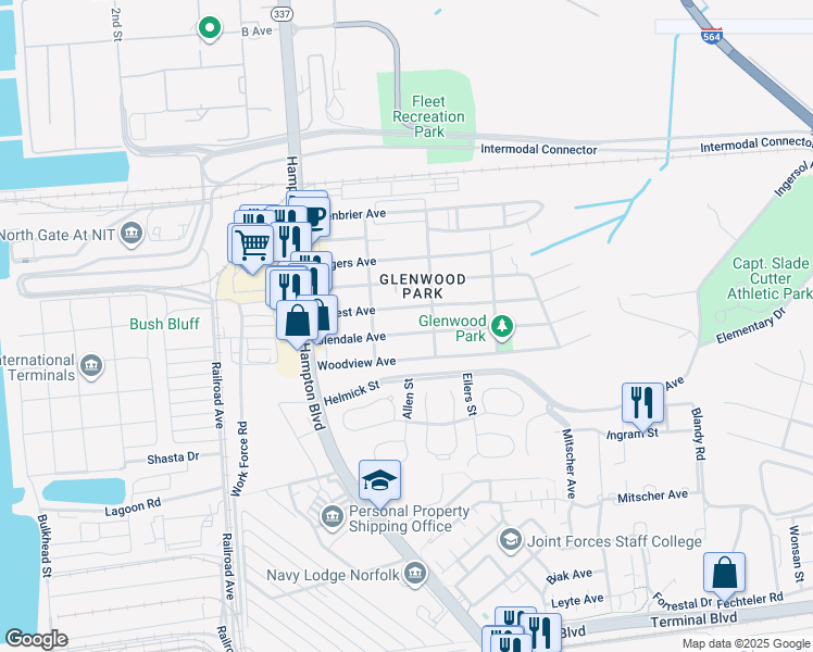 map of restaurants, bars, coffee shops, grocery stores, and more near 221 Forrest Avenue in Norfolk
