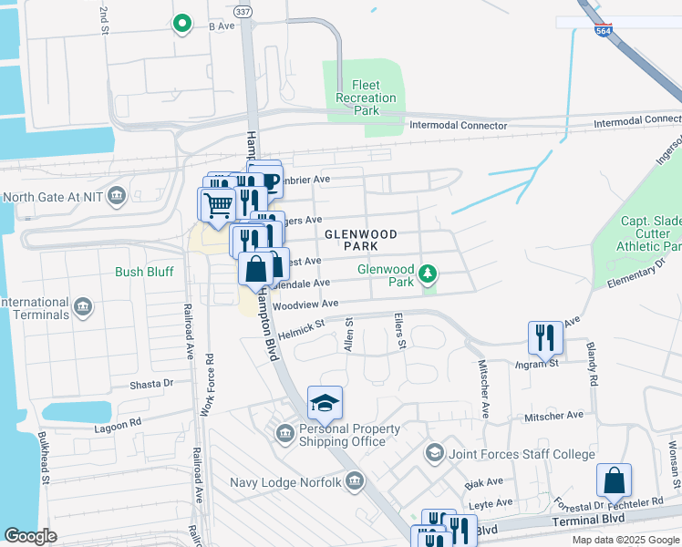 map of restaurants, bars, coffee shops, grocery stores, and more near 221 Forrest Avenue in Norfolk