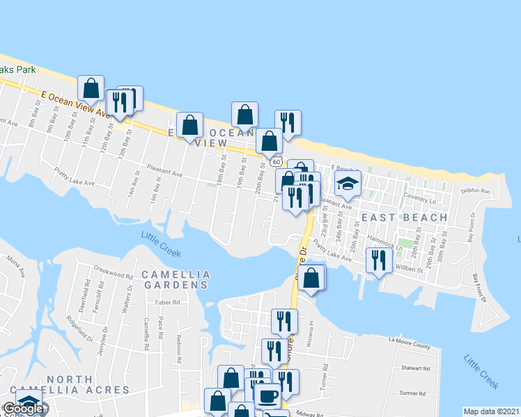 map of restaurants, bars, coffee shops, grocery stores, and more near 9564 20th Bay Street in Norfolk