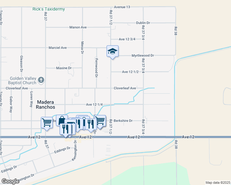 map of restaurants, bars, coffee shops, grocery stores, and more near 37536 Cloverleaf Avenue in Madera