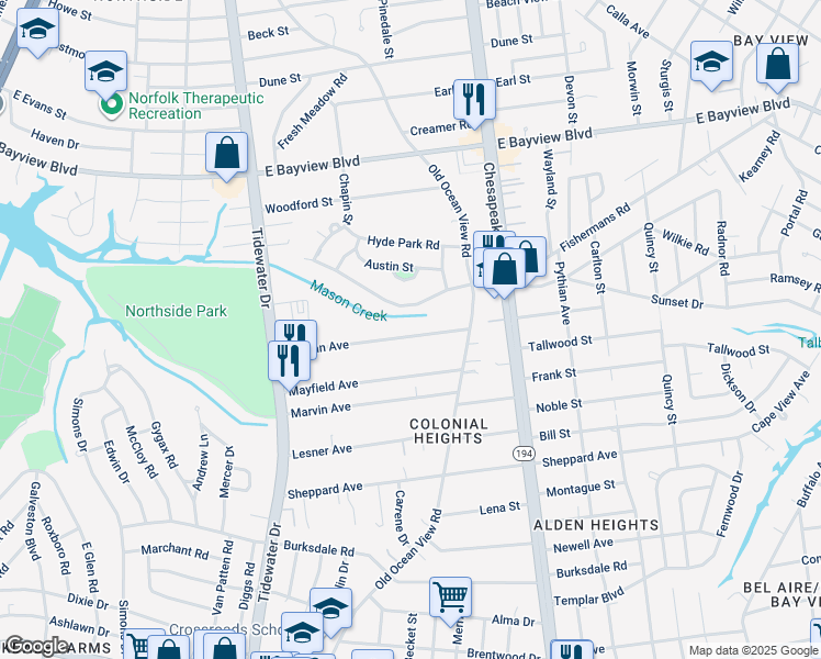 map of restaurants, bars, coffee shops, grocery stores, and more near 828 Norman Avenue in Norfolk