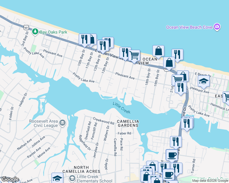 map of restaurants, bars, coffee shops, grocery stores, and more near 9423 15th Bay Street in Norfolk