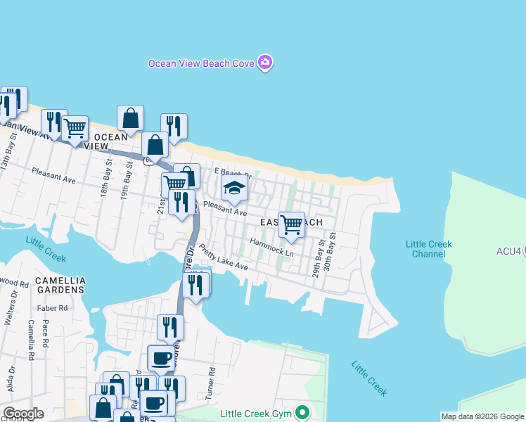 map of restaurants, bars, coffee shops, grocery stores, and more near 9630 26th Bay Street in Norfolk