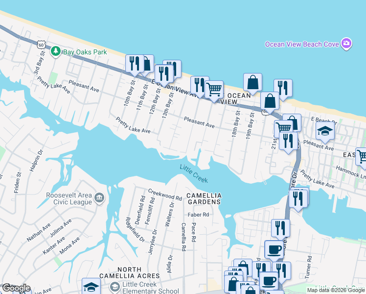 map of restaurants, bars, coffee shops, grocery stores, and more near 9423 15th Bay Street in Norfolk