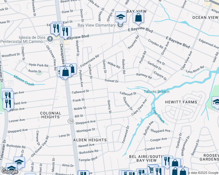 map of restaurants, bars, coffee shops, grocery stores, and more near 8422 Quincy Street in Norfolk