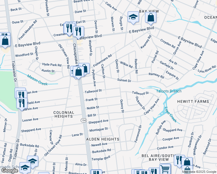 map of restaurants, bars, coffee shops, grocery stores, and more near 8424 Carlton Street in Norfolk