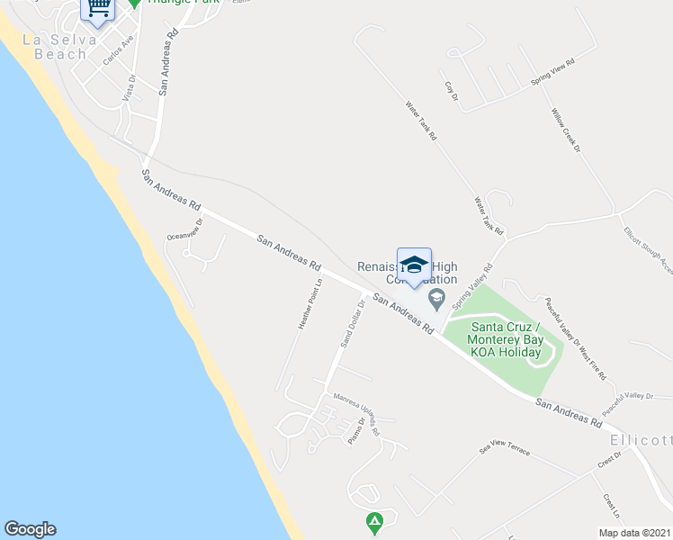 map of restaurants, bars, coffee shops, grocery stores, and more near 1258 San Andreas Road in Watsonville