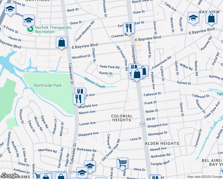 map of restaurants, bars, coffee shops, grocery stores, and more near 828 Norman Avenue in Norfolk