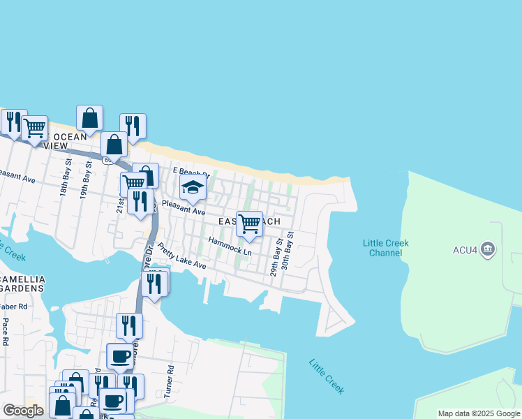 map of restaurants, bars, coffee shops, grocery stores, and more near 9637 28th Bay Street in Norfolk
