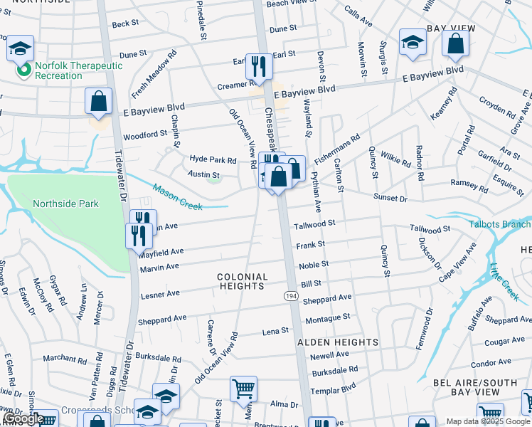 map of restaurants, bars, coffee shops, grocery stores, and more near 8460 Old Ocean View Road in Norfolk