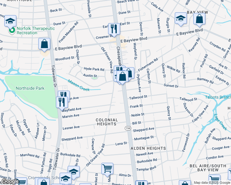 map of restaurants, bars, coffee shops, grocery stores, and more near 8460 Old Ocean View Road in Norfolk