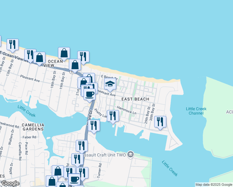 map of restaurants, bars, coffee shops, grocery stores, and more near 4510 Pleasant Avenue in Norfolk